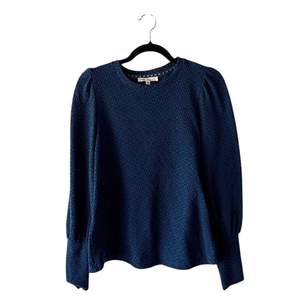 Les Serein Teal Blue Textured Crewneck Sweater Size Medium Fair Isle Trim Detail